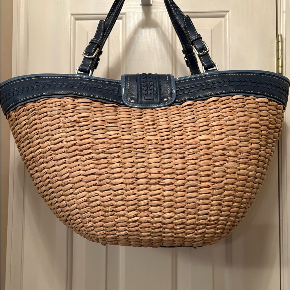 Woven Straw Tote with Navy Leather Trim - Picture 2 of 11